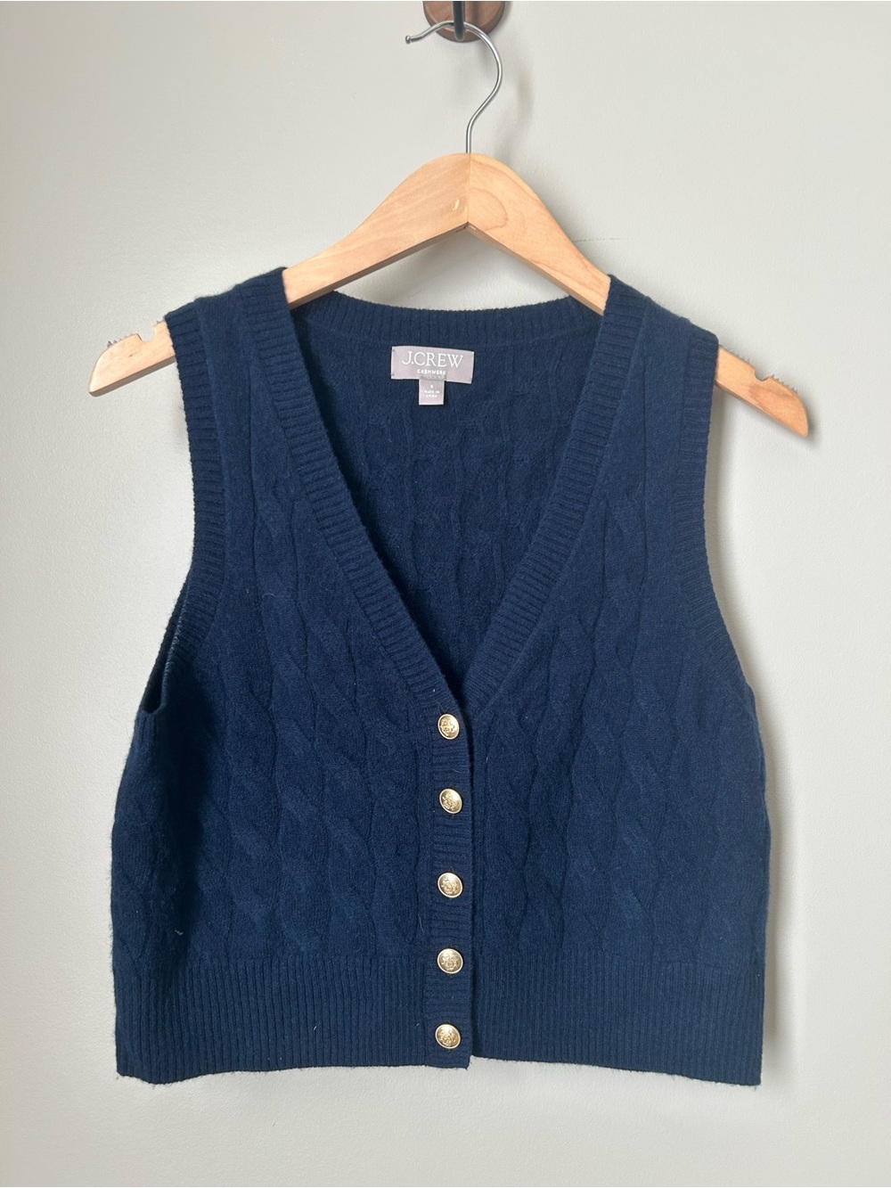 J.Crew 100% Cashmere Cable Knit Sweater Vest Navy Gold Buttons S